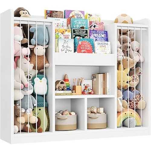 ONBRILL Toy Storage Organizer, Stuffed Animal Storage with 4-Tier Bookshelf, Kids Toy Storage Shlef with 3 Open Cube, Bookshelf for Kids Room, Playroom, Nursery