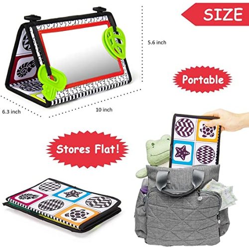 teytoy Tummy Time Baby Mirror Toys with Teethers, Double Black and White High Contrast Baby Toys 0-6 Months, Foldable Floor Sensory Development Toys for Infants Newborn