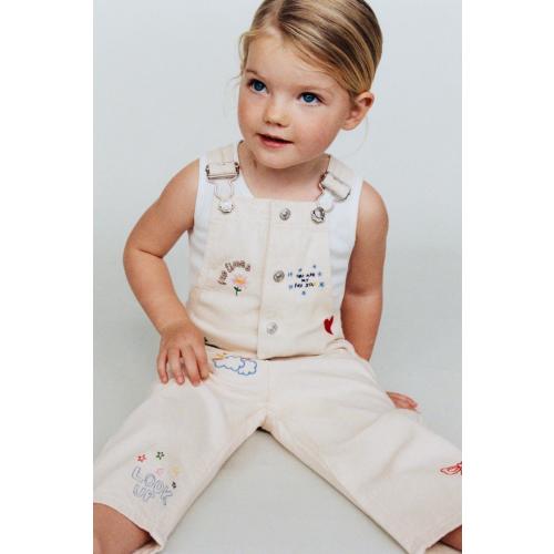 EMBROIDERED LONG TWILL OVERALLS - Ecru | ZARA United States