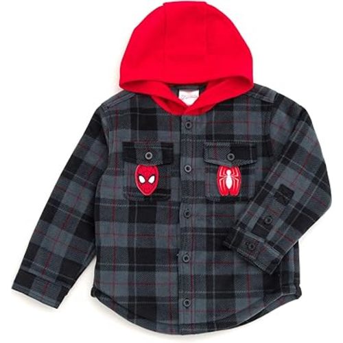 Marvel Spider-Man Plaid Flannel Hooded Shacket with Fleece Lining Toddler to Big Kid Sizes (3T - 14-16)