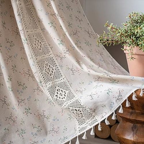 ENJOYBRIDAL Floral Curtains 96 Inch Length 2 Panels Crochet Lace Patchwork Drapes Semi-Sheer Boho Tassel Bedroom Living Room Farmhouse Beige Country Rustic Rod Pocket Window Curtain Panels