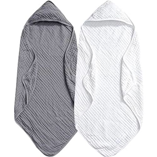 PHF 2 Pack Baby Hooded Towels, 100% Muslin Cotton Baby Bath Towel with Hood for Newborn, Infant, Toddler, Ultra Soft and Absorbent Baby Essentials Bath Towels for Boys Girls, 32x32Inch, White & Grey