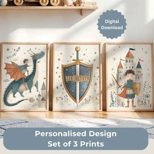 Personalised Fairy Tale nursery wall art | 3 prints, dragon, Shield and knight, boys bedroom decor digital downloads