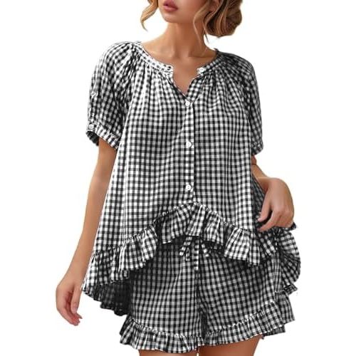 Wyeysyt Womens Gingham Pajamas Set 2 Piece Cotton Pj Sets Ruffle Babydoll Shirt and Plaid Shorts