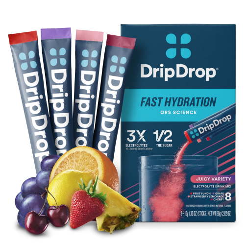DripDrop Electrolyte Powder Drink Mix for Fast Hydration, Juicy Variety, 0.35 oz, 8 Count Packets