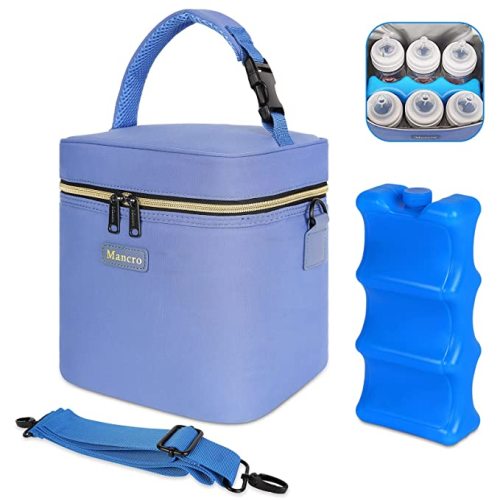 Mancro Breastmilk Cooler Bag with Ice Pack Fits 6 Baby Bottles Up to 9 Ounce, Insulated Baby Bottle Bag with Strap, Bottle Cooler Bag for Nursing Mom Daycare, Blue