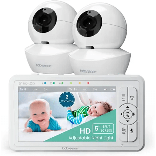 Babysense 5" HD Split-Screen Baby Monitor, Video Baby Monitor with 2 Cameras and Audio, Night Light, 960ft Range, Two-Way Audio, 4X Zoom, Night Vision, 4000mAh Battery