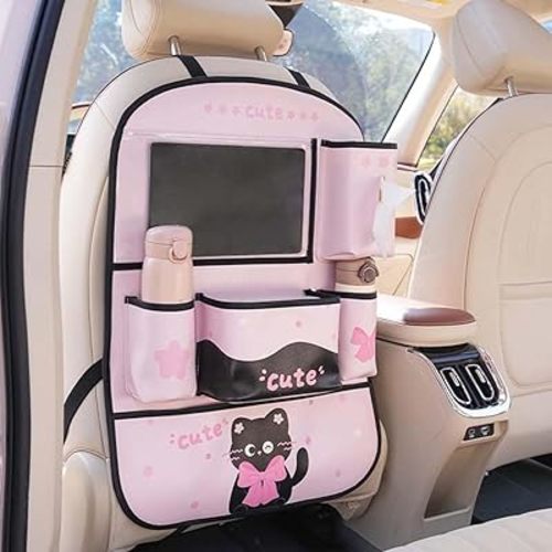 YUNZLAN Pink Black Backseat Car Organizer, Leather Kick Mats Back Seat Protector Organizer with Touch Screen Tablet Holder for Kids Travel Accessories