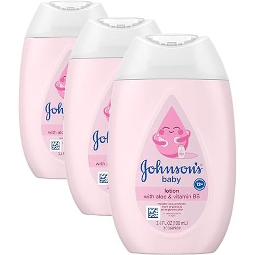 Johnson's Baby Lotion with Coconut Oil,Aloe Vera & Vitamin B5,72 HR Hydration,Skin Moisturizer,Hypoallergenic,Newborn Safe,Protects From Dryness&Strengthens Skin,Baby Essentials, 3.4 fl.oz (Pack of 3)