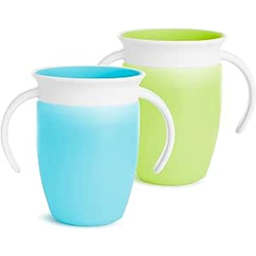 Munchkin Sippy Cup for 6 Month Old and Up, Spill Proof Miracle 360 Toddler Cups with Transition Handles, 7 Ounce, 2 Pack, Blue/Green