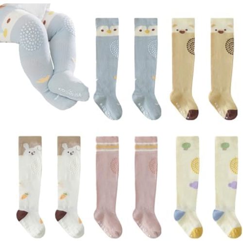 0-12M, Baby Toddlers Knee High Non Slip Socks with Grips Non-Skid Socks Infant Floor Crawling Tube Stockings