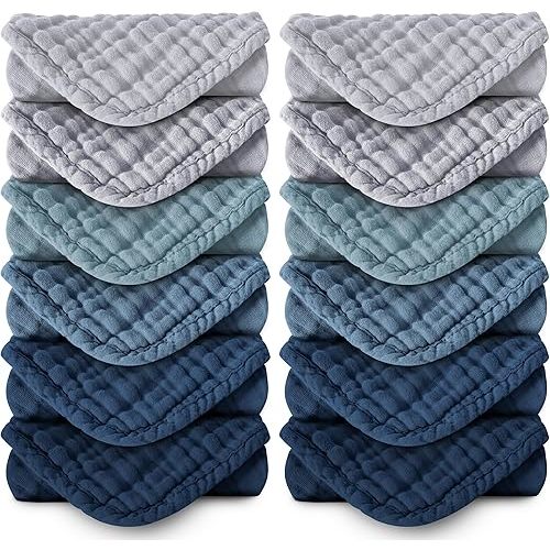 MOON PARK Baby Washcloths, 12 Pack - 12x12 Inches, Small Burp Cloths and Baby Wipes - 100% Cotton Muslin Ultra Soft for Newborn, Infant and Toddlers - Slate, Grey and Navy Series