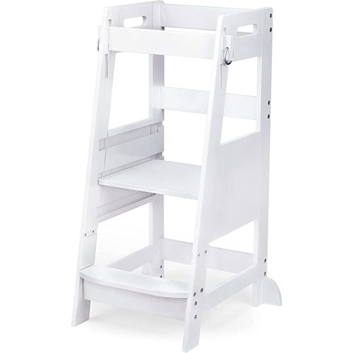 TOETOL Bamboo Toddler Kitchen Step Stool White Helper Standing Tower Height Adjustable with Anti-Slip Protection for Kids Kitchen Counter Learning
