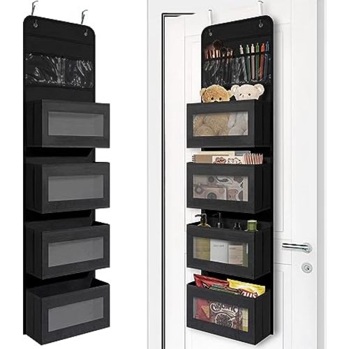 Over Door Organizer with 4 Large Capacity Pockets, Hanging Organizer Storage for Closet Bathroom Nursery Bedroom Dorm, Toys Cosmetics Sundries and Baby Essentials, Black