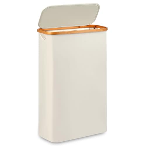 Slim Laundry Hamper,Narrow laundry Hamper with Lid,60L Hamper for Laundry,Dirty Cloth Hamper with Bamboo Handle for Toys,Towels, Clothes Organizing,Beige