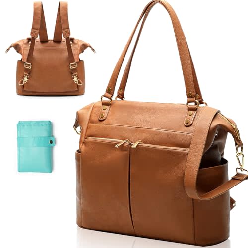 MOMINSIDE Diaper Bag Tote, Leather Diaper Bag Backpack with 14 Pockets, Convertible Baby Bag for Boys Girls, Baby Registry, Changing Pad, 4 Large Insulated Pockets(Brown)
