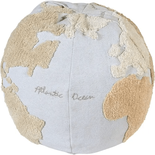 Lorena Canals USA Pouffe World Map, Light Blue, Natural, Linen, Beige, Grey, 1' 5" x Ø1' 8"