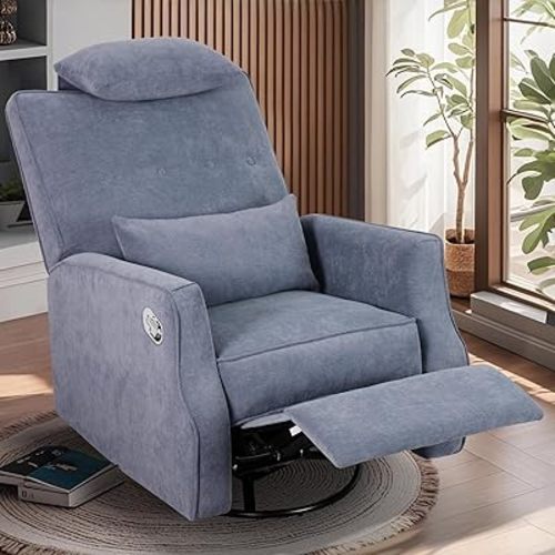 Nursery Swivel Glider Recliner Chair Chenille Upholstered Accent Glider Rocker Recliner with Headrest and Lumbar Support Pillow for Nursery Living Room Bedroom (Blue)