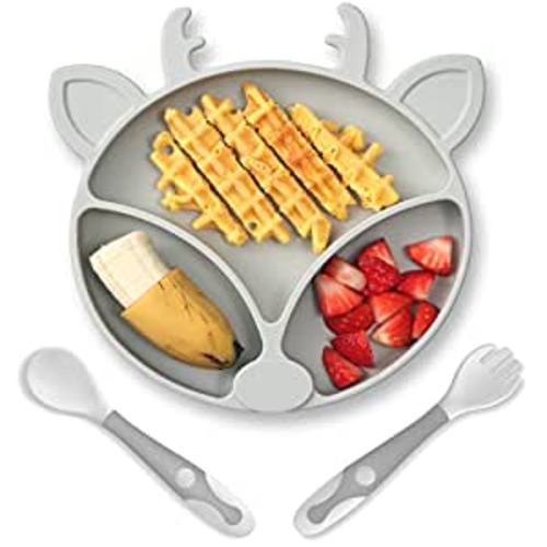 Amazon.com: ROCCED Suction Plates for Toddlers, Silicone Plates with Suction for Baby Divided, Baby Spoon Fork Set for Toddler Baby Dishes Kids Plates and Utensils-Deer Grey : Baby