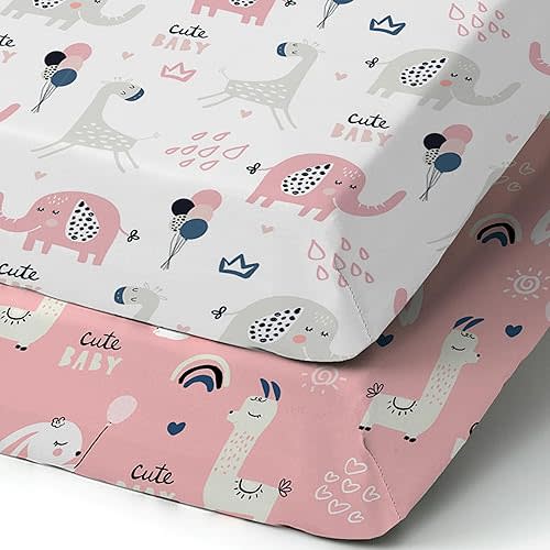 Pack n Play Sheets, BROLEX 2 Pack Mini Crib Sheets,Stretchy Portable Fitted Playard Sheet Set, Convertible Playard Mattress Cover,Ultra Soft Breathable Material,Elephant Rabbit