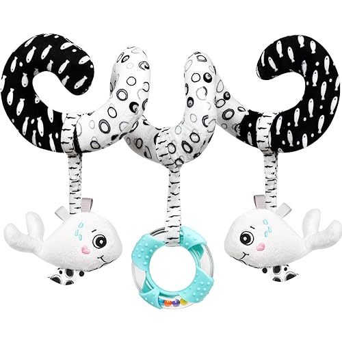 Baby Spiral Hanging Stroller and Car Seat Toys Black and White High Contrast Sensory Toy Newborn Plush Activity Toys Party Favors Quality Gifts for Baby Shower Easter Basket Stuffers -Whale