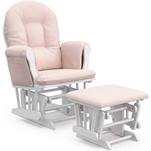 Storkcraft Premium Hoop Glider and Ottoman (White Base, Pink Cushion) – Padded Cushions with Storage Pocket, Smooth Rocking Motion, Easy to Assemble, Solid Hardwood Base