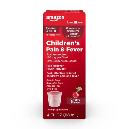Amazon Basic Care Children's Pain Reliever & Fever Reducer, Acetaminophen 160 mg per 5 mL Oral Suspension Liquid, Dye-Free Cherry Flavor, 4 fl oz (Pack of 1)