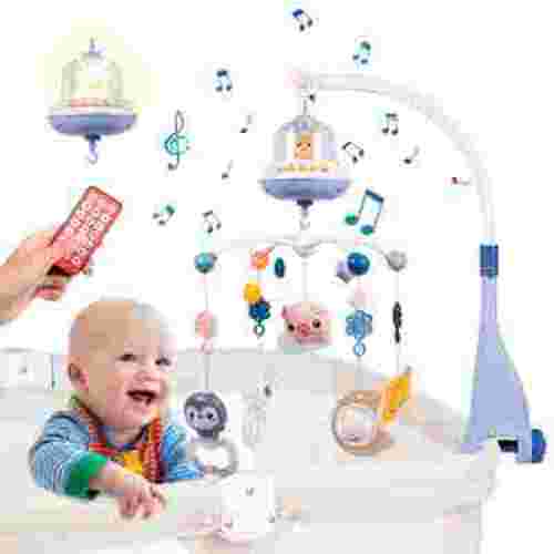 FEBFOXS Baby Crib Mobile Toys, Baby Mobile for Crib with Music and Lights, Nursery Mobile for Bassinet with Remote