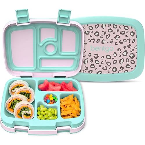 Bentgo Kids Prints Leak-Proof, 5-Compartment Bento-Style Kids Lunch Box - Ideal Portion Sizes for Ages 3-7, Durable, Drop-Proof, Dishwasher Safe, & Made with BPA-Free Materials (Leopard)