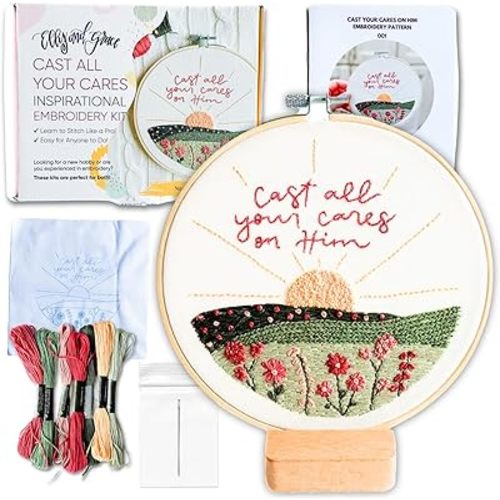 Elly & Grace Christian Embroidery Kit with Embroidery Hoop, Easy Embroidery Kit for Beginners and Adults, Full Embroidery Hoop Kit with Needles and Thread Included (Cast All Your Cares)