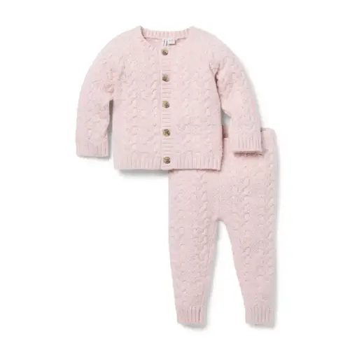 Newborn Soft Pink Heather Baby Cable Knit Cardigan Matching Set by Janie and Jack