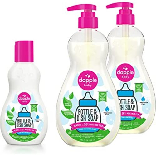 Dapple Baby, Bottle and Dish Soap Dish Liquid Plant Based Hypoallergenic 1  Pump Included, Packaging May Vary, Fragrance Free, 16.9 Fl Oz (Pack of 3)