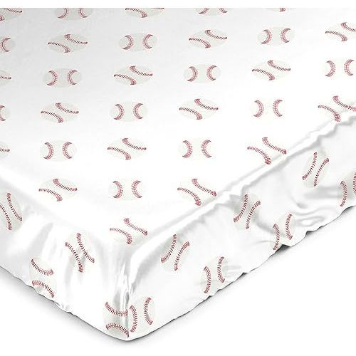 Sweet Jojo Designs Red White Baseball Patch Sports Boy Baby Satin Fitted Crib Sheet for Infant Newborn Nursery Toddler Bed Room Standard Mattress - Americana Sport