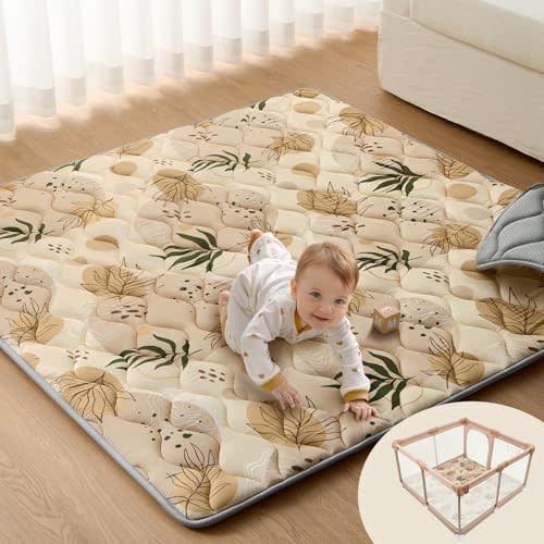 Blissful Diary Baby Play Mats for Floor, 59x59 Inch Thicker and Larger Soft Cushioning Foam Playmats for Babies and Toddlers, Foldable Washable Baby Playpen Mat, Earth Tones Design