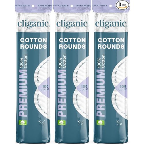 Cliganic Premium Cotton Rounds for Face (300 Count) - Makeup Remover Pads, Hypoallergenic, Lint-Free | 100% Pure Cotton (Packaging May Vary)