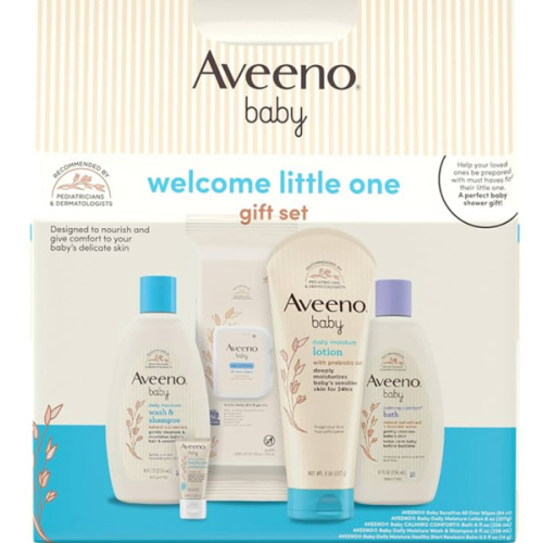 Aveeno Baby Welcome Little One Gift Set, Skincare Set with Nourishing Body Wash & Shampoo, Calming Bath Wash, All Over Wipes, Daily Moisturizing Lotion, & Balm, 5 Items