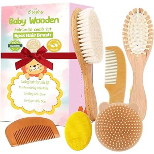 6 Piece Baby Hair Brush & Comb Set, Natural Bamboo & Goat Bristle for Cradle Cap Care, Newborn to Toddler Grooming Kit with Silicone Scrubbers for Scalp Massage