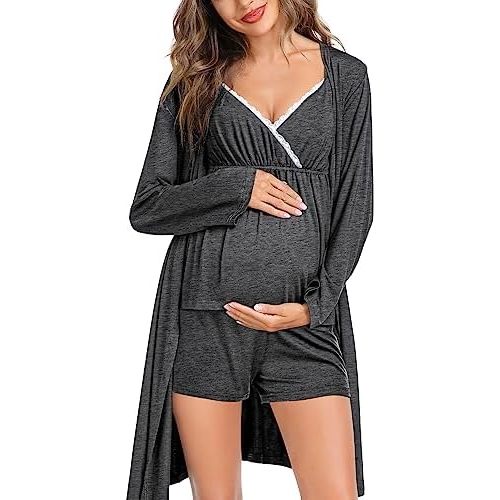 SWOMOG Womens Maternity Robe Set 3 Piece Nursing Pajamas for Breastfeeding 3 in 1 Labor Delivery Hospital Pregnancy Pjs
