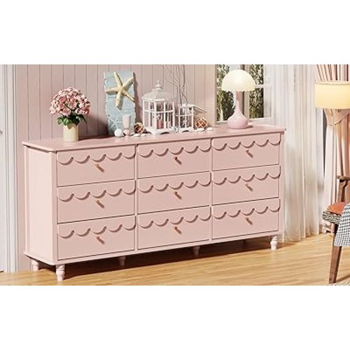 Anbuy Pink Dresser 9 Drawer Dresser for Girls Bedroom, Modern Wide Long Chest of Drawers, Scalloped Organizer Storage with Drawers, Fluted Petal Pattern Large Storage Cabinet for Living Room, Porch