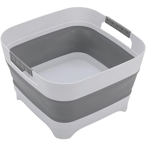 2.4 Gal/9L Collapsible Dish Basin with Drain Plug,Portable Sink,Foldable Dishpan,Camping Washing Basin,Dish Tub for Kithchen,RV-White Gray
