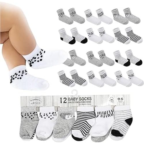 Organic Cotton Baby Socks, 12 Pairs, Unisex 0-6 Months - Soft, Hypoallergenic Newborn & Infant Socks - Baby Girl & Boy Gifts, (US, Age, 0 Months, 6 Months, 12, Gray - White)
