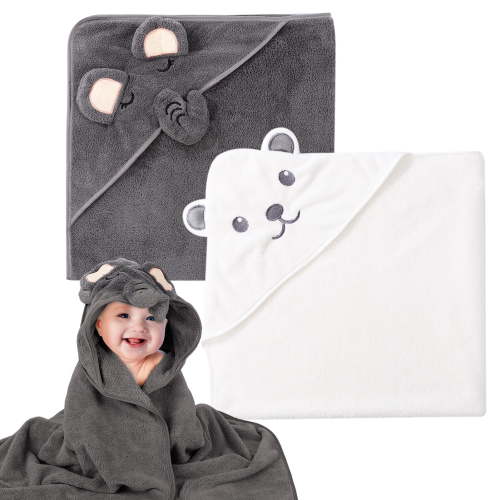 KABOER 2 Pack Hooded Baby Towels, Large 31"x31" Ultra Soft Coral Fleece Baby Bath Towels with Cute Animal Designs, Absorbent Towels for Newborns, Infants & Toddlers, Machine Washable