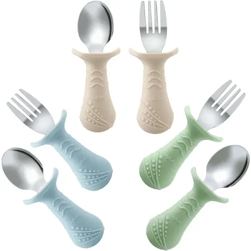PandaEar Baby Toddler Fork and Spoon Utensil Set, 6 Pack Silicone Stainless Steel Silverware Spoon Fork for Babies Toddler, BPA Free with Silicone Holding Anti-Choke Design (Blue&Green&Light Tan)