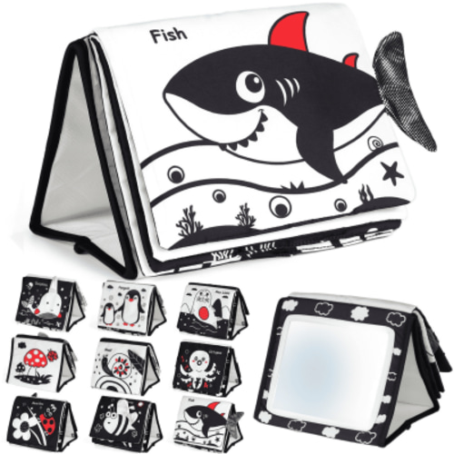 TINITIGIES Tummy Time Mirror for Babies – Black and White High Contrast Visual Stimulation for Newborns – Baby Sensory Toys for 0-9 Months
