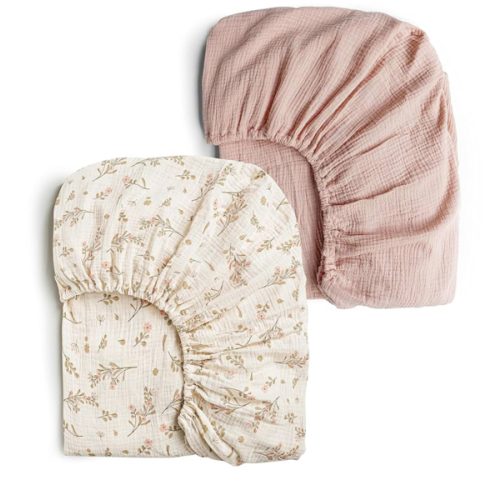 Konssy Muslin Crib Sheets for Girl Boy, 2 PCS Soft and Breathable Cotton Baby Sheets for Standard Crib Mattress, 52"x 28" (Floral, Pink)