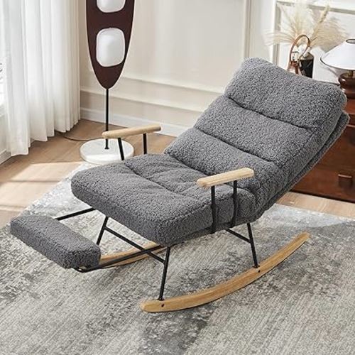 Rocking Chair Nursery, Teddy Velvet Fabric Gliding Rocking Chair with Adjustable High Backrest, Modern Rocking Chair Indoor with Retractable Footrest for Nursery Living Room Bedroom, Grey