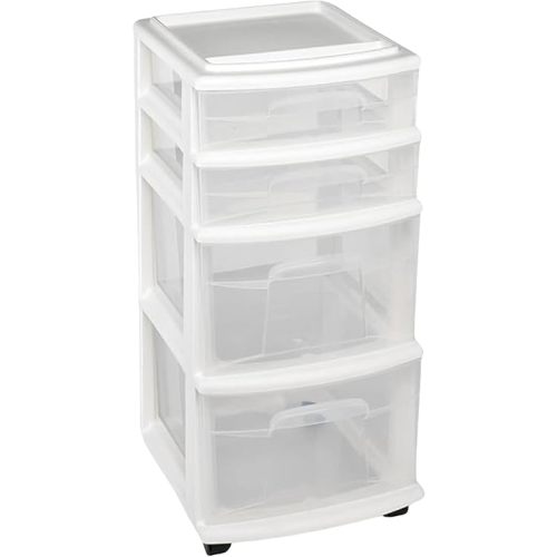 HOMZ Drawer Tower, 4-Tier Clear Plastic Storage Organizer Cart, White Frame – Rolling Containers with Wheels for Bathroom, Bedroom, Office, and Classroom Organization