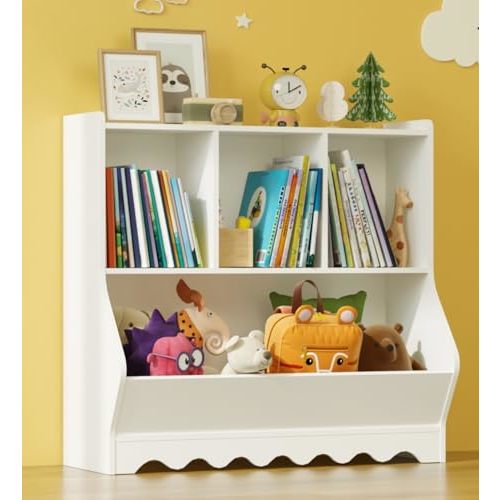 SILUMIN Kids Bookshelf Toy Storage Organizer, 4 Cubby Toy Storage Cabinet, 3-Tier Wooden Children Bookcase, Montessori Toy Shelf Nursery Book Shelves Baby Toddler Bookshelf for Kids Room Playroom