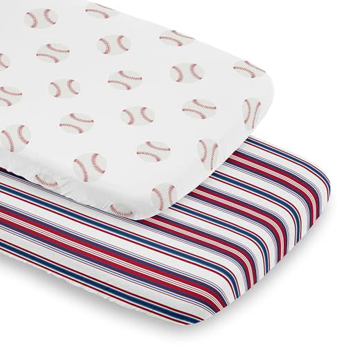 Sweet Jojo Designs Baseball Sport Boy Baby Bassinet Sheets Fitted Sheet Set for Infant Newborn Nursery Oval Rectangle Hourglass Mattress – 2p - Red White and Blue Stripes Striped Americana Sports