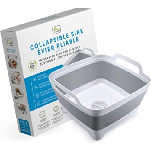 Home Spirit Collapsible Sink, Portable Dish Pan, Wash Basin Tub for Dish, Fruits, Vegetables, Textiles, Cloths, Beverages, Integrated Handle, Plug and Strainer, 9L Capacity